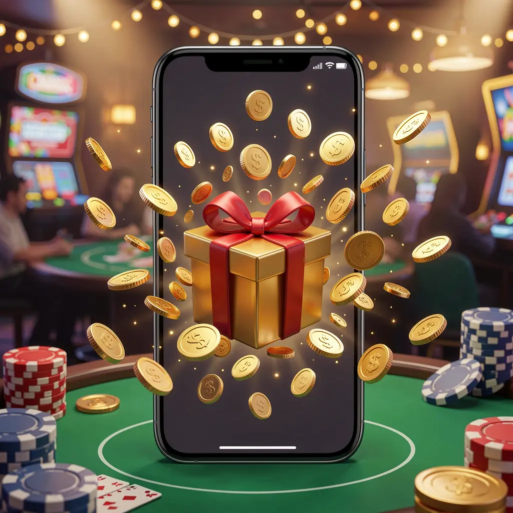 XC66 mobile casino bonus app concept showing a phone screen with a gift box and coins bursting out in a festive casino atmosphere
