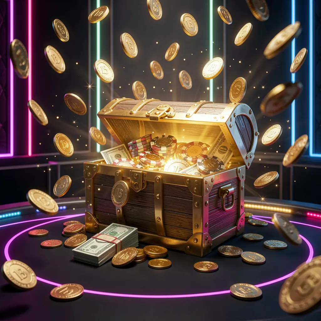 XC66 premium online casino bonus banner featuring golden coins flying around a glowing treasure chest filled with chips and cash, set against a luxury dark background with neon accents in an elegant casino style