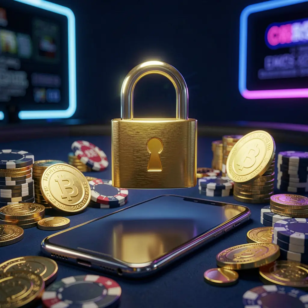 XC66 casino login security image showing a glowing padlock floating above a smartphone with golden coins and chips scattered around against a dark blue neon background in a premium realistic 3D render