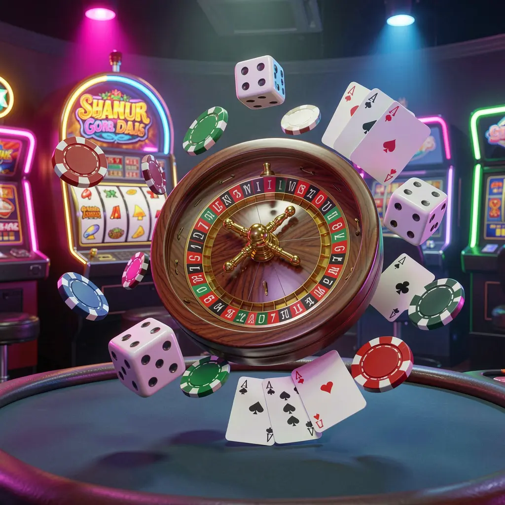 XC66 casino games collection homepage visual featuring a slot machine, roulette wheel, dice, playing cards, and poker chips floating together with colorful neon lights in a premium 3D render