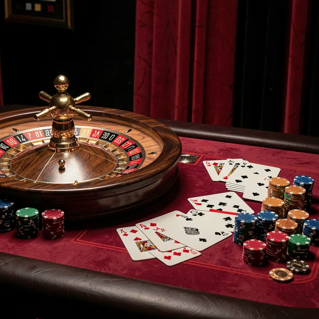 Elegant gaming table with roulette, blackjack cards, poker chips, and coins under luxury cinematic lighting on a black and red background, showcasing the XC66 online casino platform